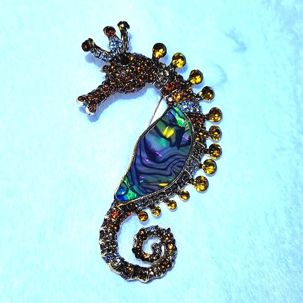Fabulous Amber Colored Rhinestone & Abalone Sea Horse Gold Tone Brooch Pin